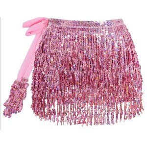Pink Sequin Belly Dance Hip Scarf Tassel Wrap Sparkly Fringe Skirt ONE SIZE